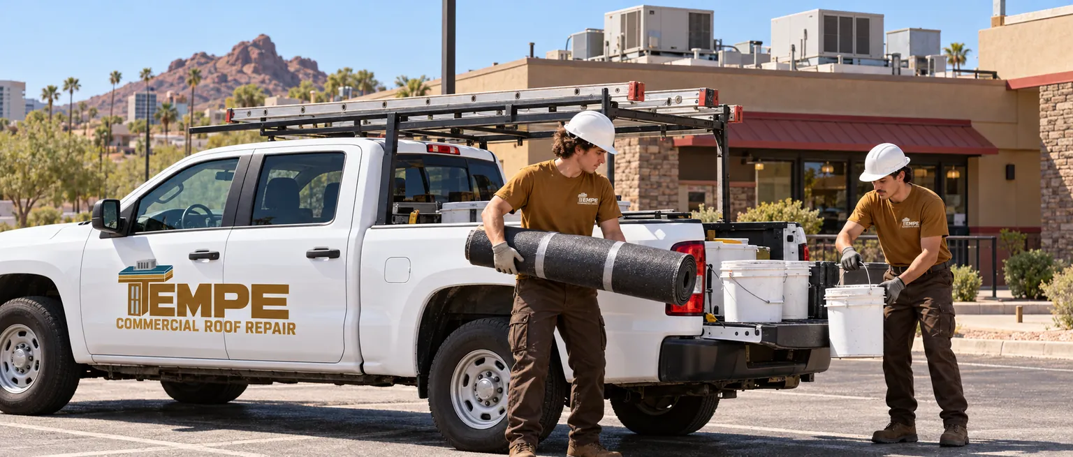 Roofers unloading membrane and buckets from a work truck beside a commercial building
