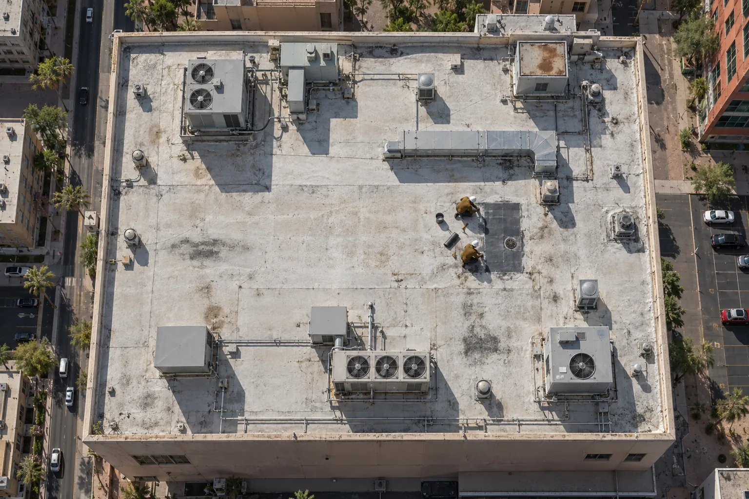 Aerial view of a flat commercial roof with rooftop units and patched seams in Tempe