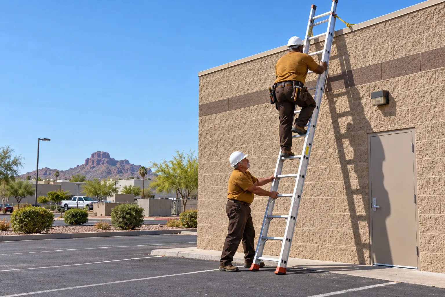 Two roofers climbing a ladder to the roof edge of a commercial building