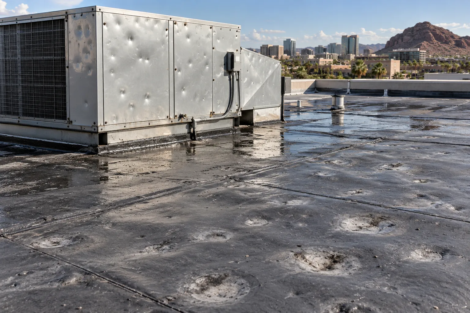 Hail-dented rooftop unit and pocked membrane on a flat roof after a monsoon storm