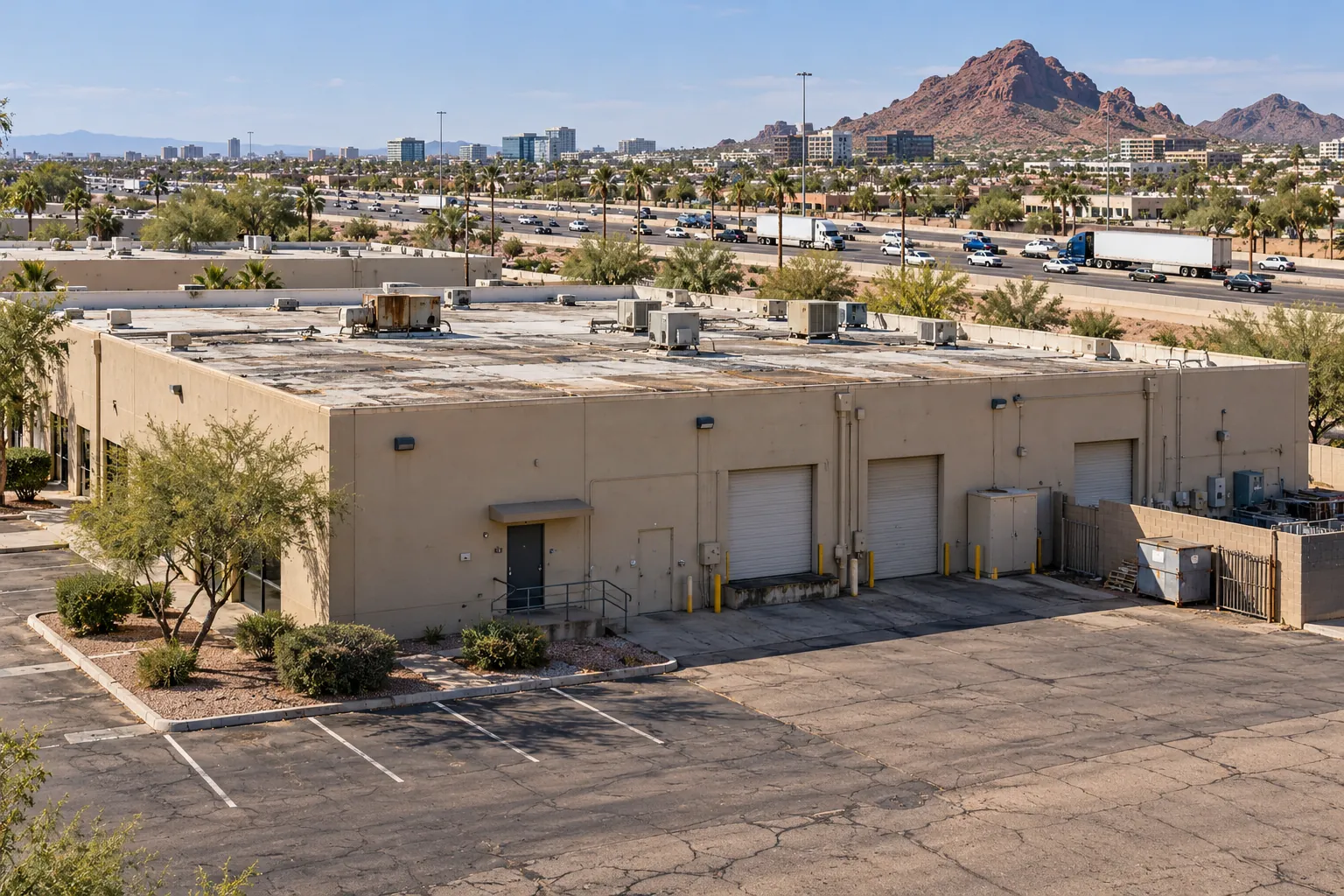 Stucco commercial building beside a freeway in the Phoenix area