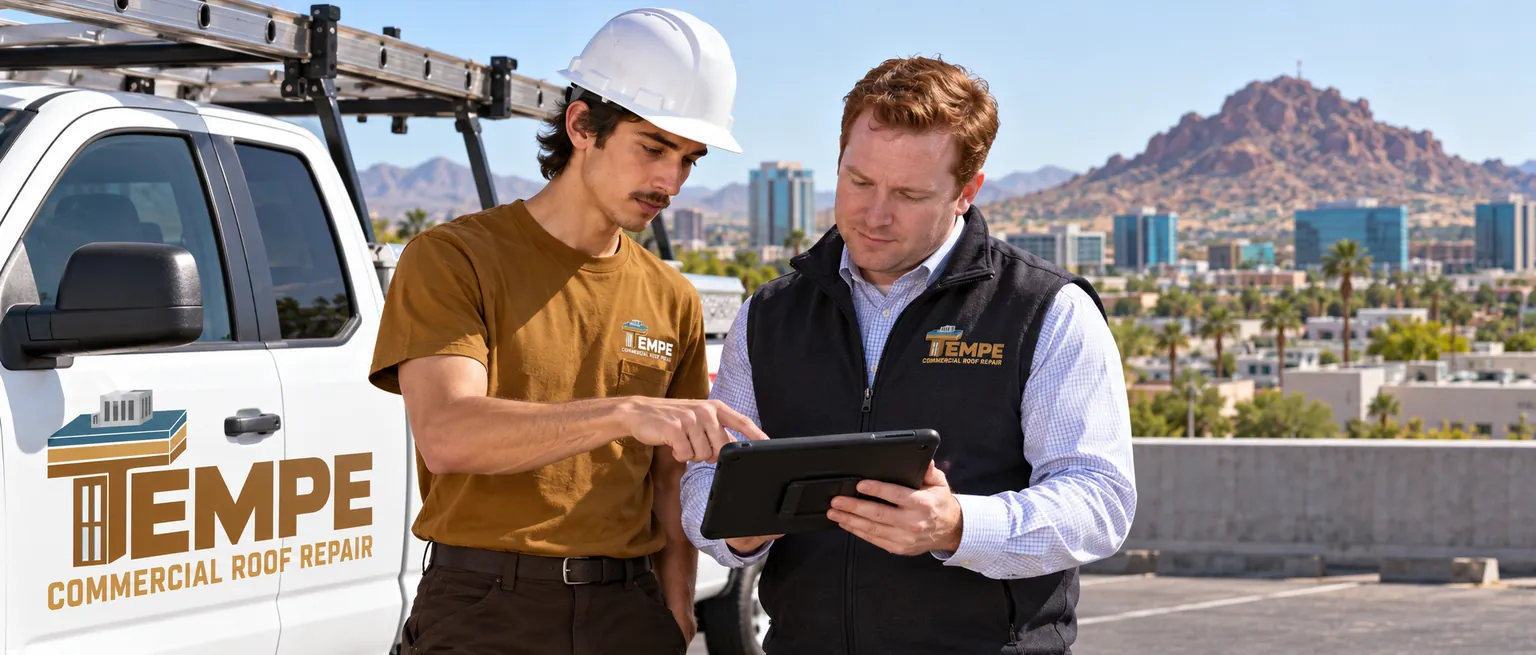 Roofer showing a facility manager marked-up roof photos on a tablet