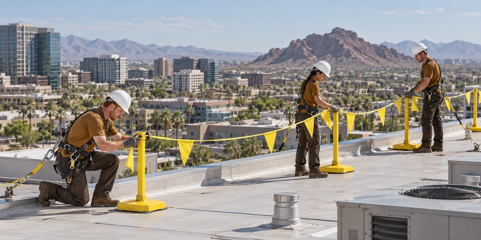 Roofers in harnesses working behind a flag line on a flat roof